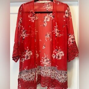 Boho Lace Trim Kimono Sleeve Duster Sz. S